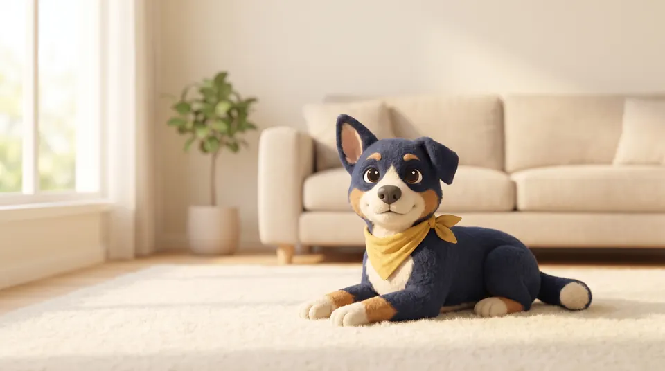 Sunny, the Reactive Dog Stays mascot, resting calmly on a rug in a bright living room
